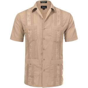 Allsense Men's Short-Sleeve Button-Down Cuban Guayabera Shirt (Medium, Khaki)