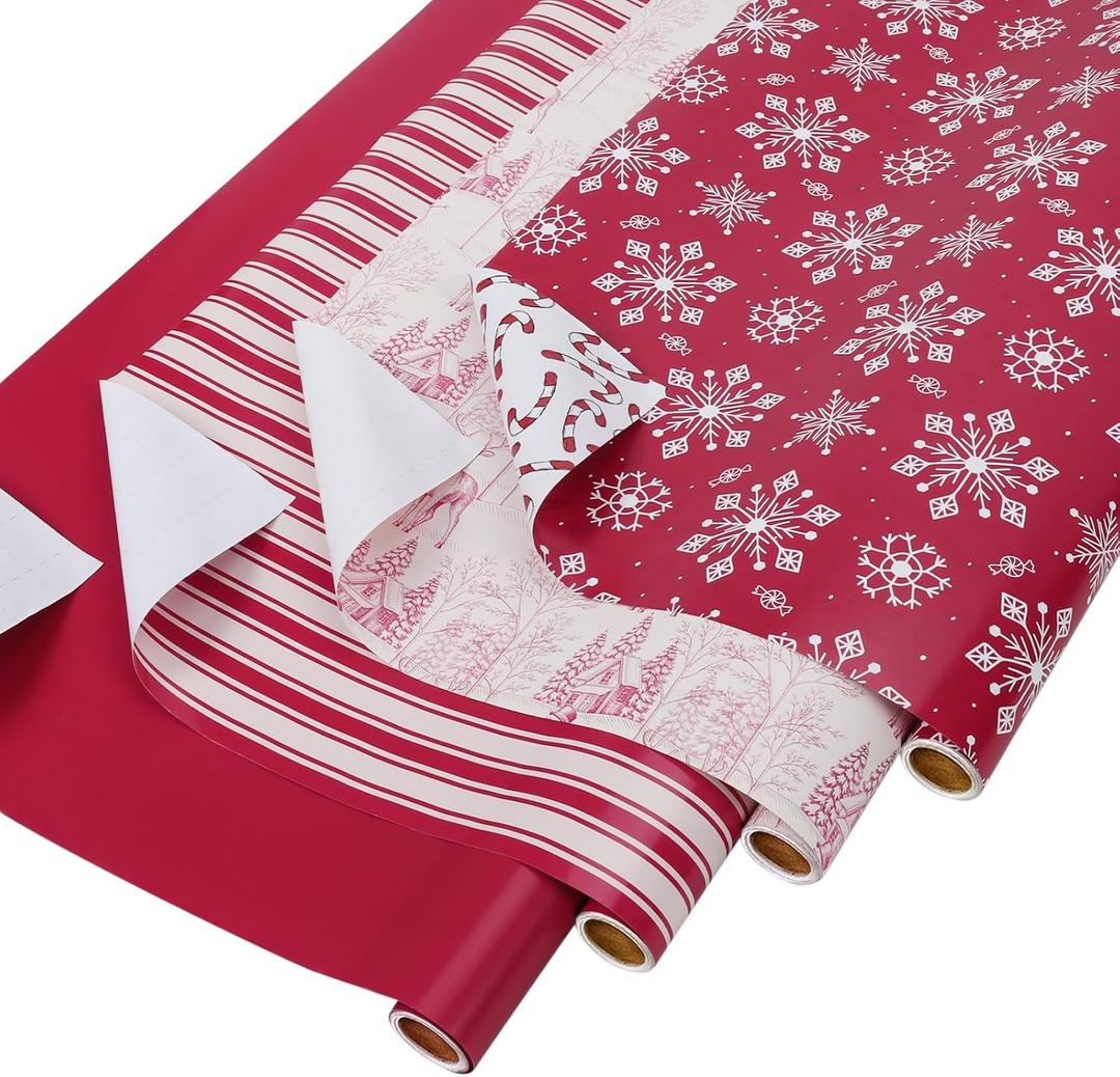 BIOBROWN Christmas Wrapping Paper with Tags and Trim Ribbon - 30" X 10' Per Roll (4 Rolls: 100 sq. ft. ttl.) - Toile Scene Design for Christmas, Party, Xmas, Holiday