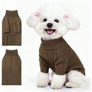 Small Dog Thermal Pullover Sweater, Classic Turtleneck Cable Knitwear Dog Clothes for Cold Weather Warm Pet Clothes for Chihuahua, Bulldog, Dachshund, Pug Tan Medium (Brown(Order One Size Up))