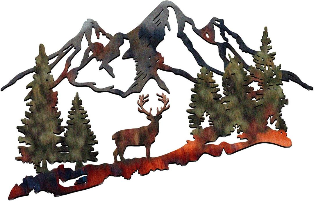 Moxweyeni Rustic Metal Forest Deer Wall Art Mountain Cabin Decor Rustic Animal Hunting Decoration for Bedroom Wall Decoration, 13 x 8 Inch(Fresh Color)
