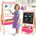 Wood Easel for Kids, All-in-ONE Adjustable Easel with Art Supplies, Magnetic Double Sided Whiteboard & Chalkboard, Ideal Christmas, Birthday Gift for Boys & Girls Age 3, 4, 5, 6, 7, 8+ Years Old