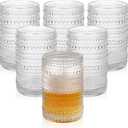 Vintage Glassware Drinking Glasses Set of 6, 15 oz Hobnail Glass Cups, Embossed Clear Water Tumbler, for Beer, Cocktail, Whiskey, Juice and Various Mixed Drinks- 1 Cleaning Brush