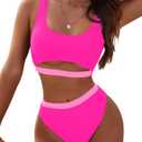 Blooming Jelly Women's High Waisted Bikini Sets High Cut Bathing Suits Two Piece Sporty Cut Out Swimsuits (Medium, Color Block Hot Pink)