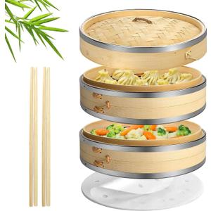 Flexzion Bamboo Steamer Basket Set (10 inch) with Stainless Steel Banding, 50 x Steamer Liners and 2 Pairs of Chopsticks, Steam Baskets for DimSum Dumplings, Rice, Vegetables, Fish and Meat