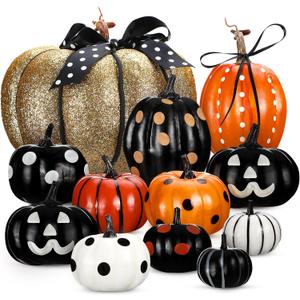 12 Pcs Halloween Artificial Foam Pumpkins Assorted Sizes Decorative Pumpkins Halloween Decorations for Table Tabletop Fireplace Mantel Tiered Tray Desk Home Decorations