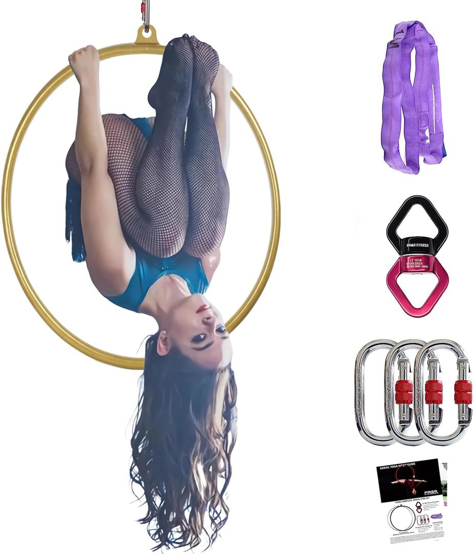 PRIOR FITNESS Aerial Hoop Set, Professional Circus Fitness Equipment with Complete Rigging Hardware Kit, Acrobatics Hanging Rings for Home, Yoga Dance Sling Kit (Hoop Dia:95cm-Tube Dia:32mm, Pink)