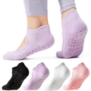 CoolMate Pilates Socks with Grips for Women, Yoga Socks, Crew Non Slip Women for Barre, Pilates Gifts (6-10, A-01. 4 Pairs Open Top Pink/White/Light Purple/Black)