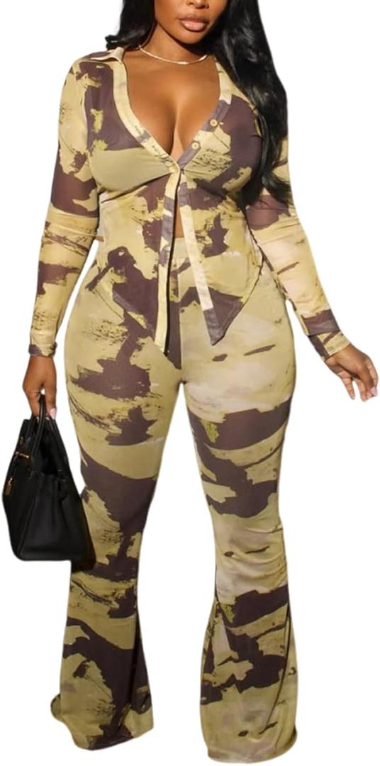 Sexy 2 Piece Outfits for Women Mesh Print Long Sleeve Button Down Shirt and High Rise Flare Pants Matching Set (M)