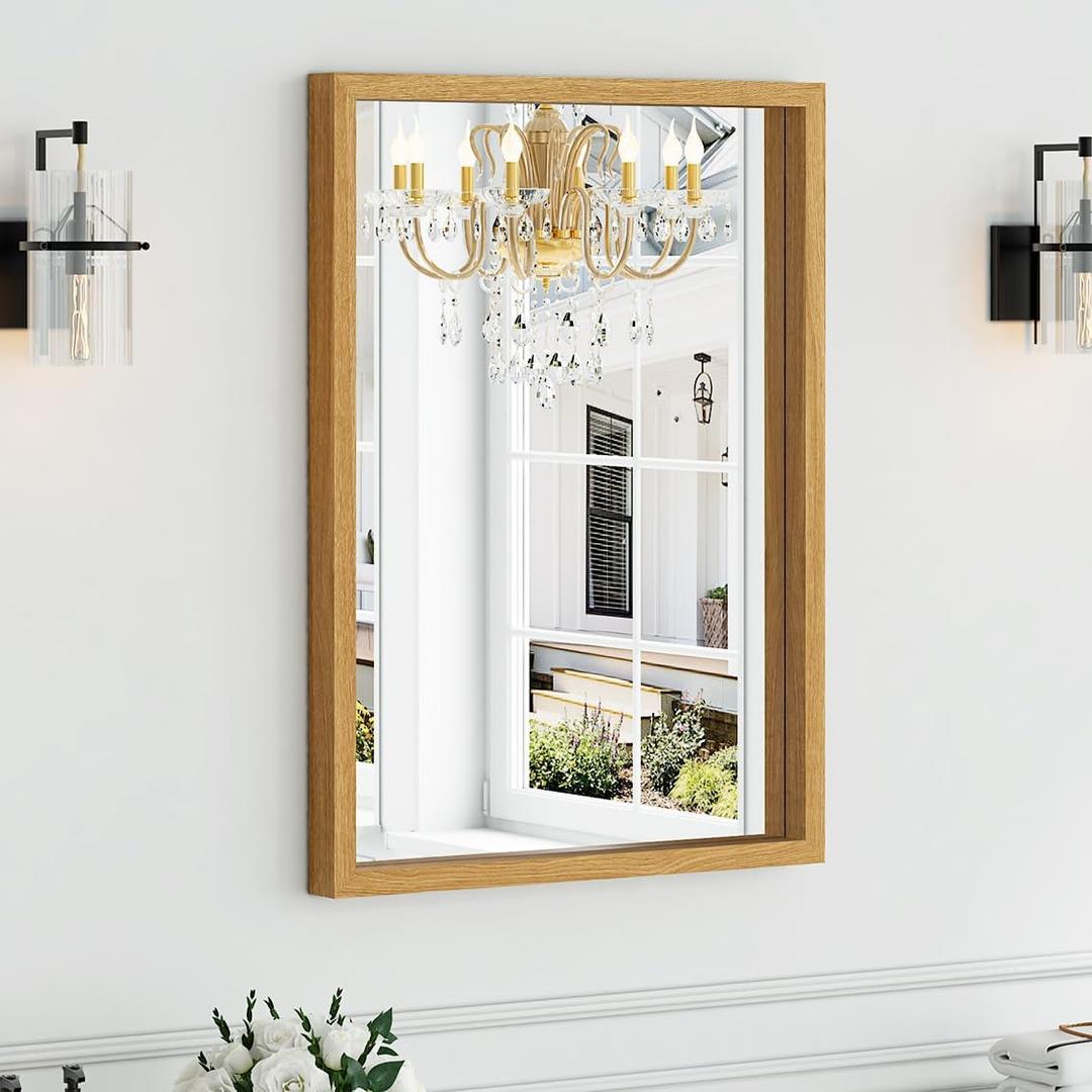 Syndra Natural Wood Frame Bathroom Mirror, 22x30'' Modern Vanity Mirror for Wall, Waterproof Slim Deep Frame, Rectangular HD Tempered Glass Mirror for Living Room, Bedroom, Entryway, Rustic, Farmhouse