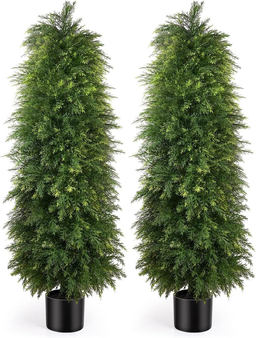 2 Pack 5ft Artificial Cedar Topiary Trees, Outdoor Artificial Plants for Front Porch Décor, Artificial Shrubs Fake Plants Uv Rated Potted Plants for Outdoor, Indoor, Front Door, Office