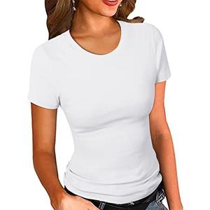 PALINDA Women's Crew Neck Ribbed Fitted Shirt Basic Short Sleeves Summer T Shirt Tops Mediu