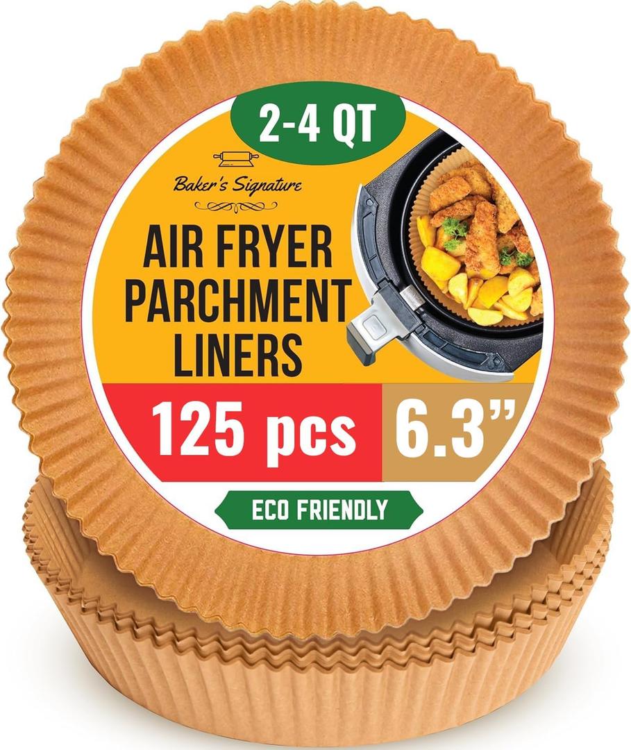 6.3 Small Round Air Fryer Liners, 2-4 qt Airfryer Paper Liners, 125Pcs Disposable parchment paper for air fryer  Non-Stick and Oil Proof for Easy Cleanup by Baker's Signature
