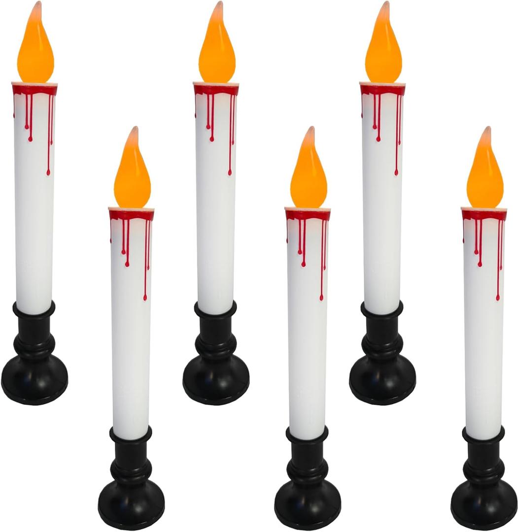 Flameless Window Candles 6 Pack - White Halloween LED Candles with Dusk to Dawn Sensor, Battery Operated Flickering Lights for Window Table Vampire Party Decor (Blood Dripping Design)