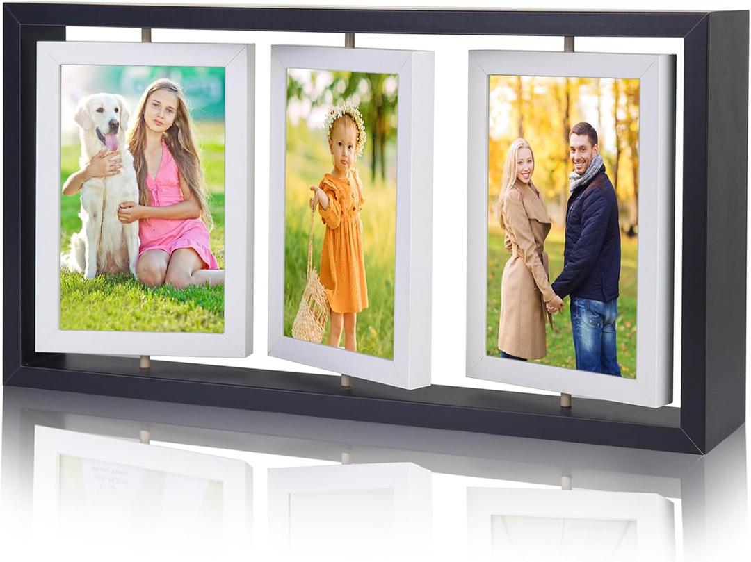 ZEEYUAN 4x6 Desk Picture Frame Rotating Double-Sided Picture Frame, 4x6 Tabletop Wooden Collage Family Pictures Frame for Office Desktop Home Decor, Holds 6 Photos, Black