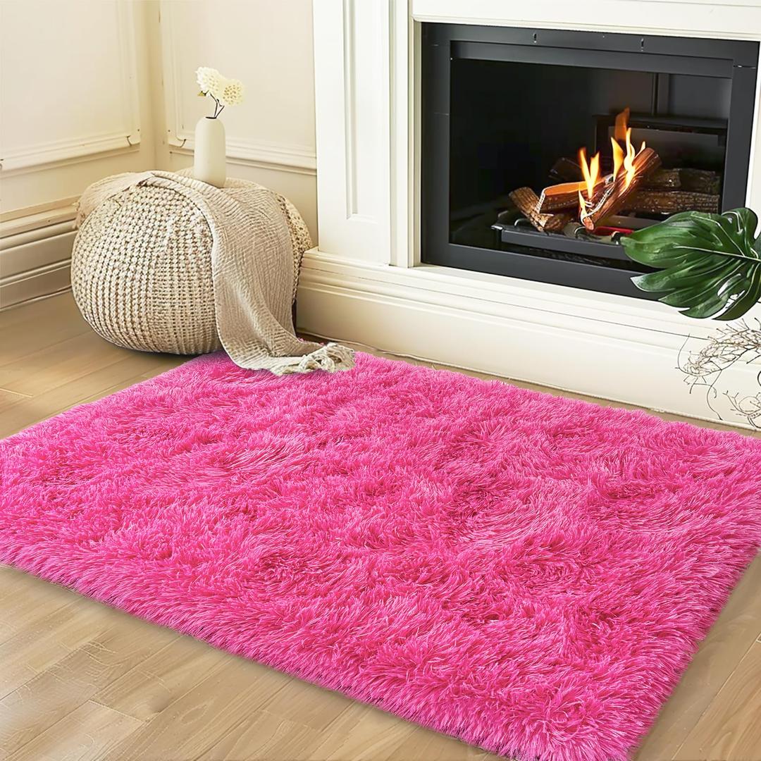 Xexsin Small Rugs for Bedroom, Fuzzy Throw Rug for Living Room Dorm, Soft Fluffy Bedroom Rug, Non Slip Shag Rugs, Modern Indoor Home Decor Aesthetic, 2x3 Feet, Hot Pink