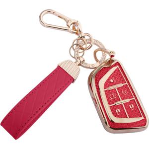 for Cadillac Key Fob Cover, Soft TPU Keys Protector Bling Key Fob Keychain for Cadillac 2020-Up CT4 CT5 CT6 XTS XT4 XT5 ATS (5 Buttons) Smart Keys, Gold Red