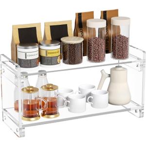 YUNEASELF Coffee Station Organizer Countertup: Coffee Bar Accessories - 2 Tier Kitchen Acrylic Storage Shelf for Placing Mugs Beans Syrup Cups Stirrers
