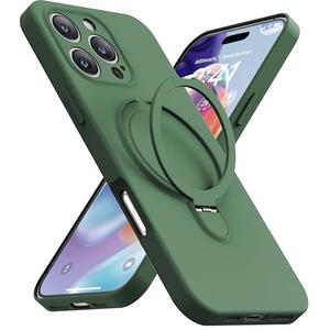 Mephoro Magnetic Stand for iPhone 16 Pro Max Case, Liquid Silicone, [Compatible with MagSafe][Built-in Kickstand&Ring Holder] Anti-Scratch Soft Microfiber Lining, Midnight Green