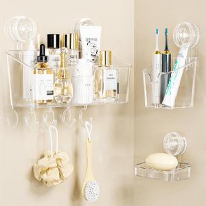 Shower Caddy Suction Cup 3 Packs Clear White - Shower Shelf+Soap Dish+Toothbrush Holder - 1 Second Installation NO-Drilling Removable Powerful Waterproof Shower Organizer for inside Shower Bathroom