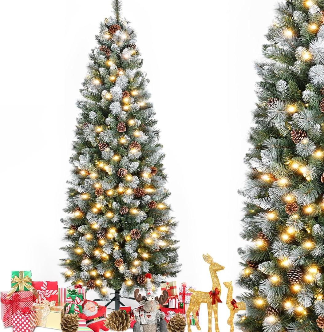 6FT Pre-Lit Christmas Tree, Artificial White Spraying Snow Flocked Pencil Holiday Decoration with 250 Warm LED Light & 37 Pine Cone, Metal Stand, 595 Tips for Indoor and Outdoor Use, Green