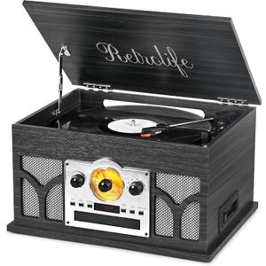 10-in-1 Record Player with Built-in Speakers Wireless Playback, CD & Cassette Player, USB Player, AM/FM Radio, 3 Speeds Turntable Vinyl Record Player Black