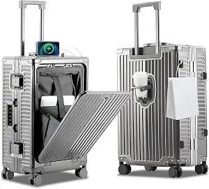 YYW All Aluminium Luggage With Spinner Wheels Lightweight PC hardside Rolling Suitcase, Built-In TSA lock Carry on Suitcase, with Cup Holder, USB Port, Phone Holder (Silver,20inch/35x23x55cm)