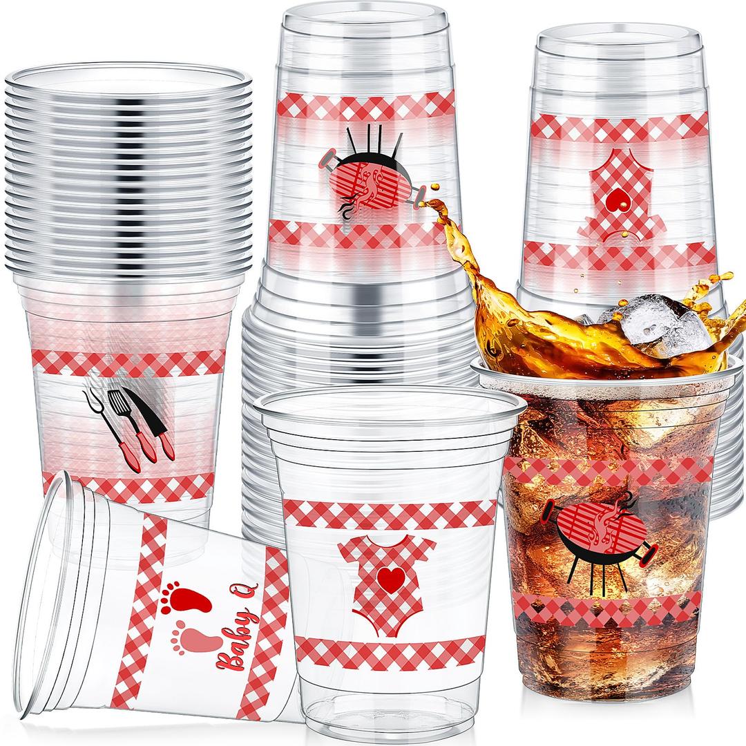 Fuyoooo 48 Pcs Gender Reveal Party Plastic Cup 16 Oz Cups Boy or Girl Thick Clear Cup Gender Reveal Party Supplies Pink and Blue Baby Shower Decorations (Bbq)