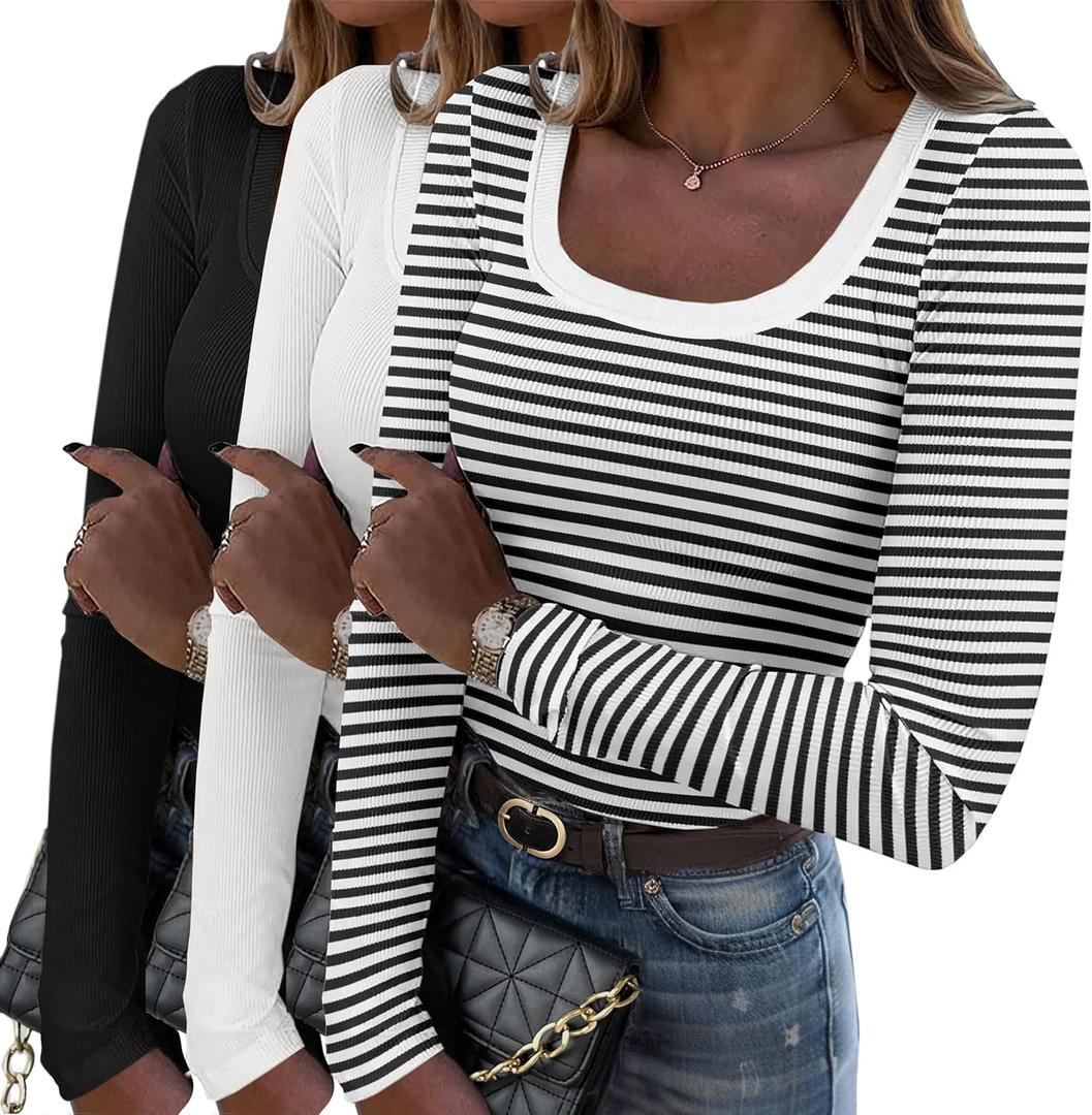 Zeagoo Women's Long Sleeve Scoop Neck Shirts Casual Slim Fit Rib Knit Tops Summer Fall Basic Business Work Tee (Black+white+stripes)