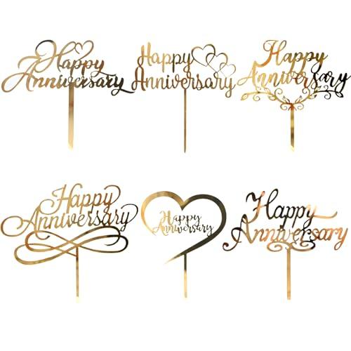 6 Pcs Happy Anniversary Cake Topper Gold Acrylic Cake Topper, Happy Anniversary Cake Sign, Wedding Cake Decorations Party Supplies