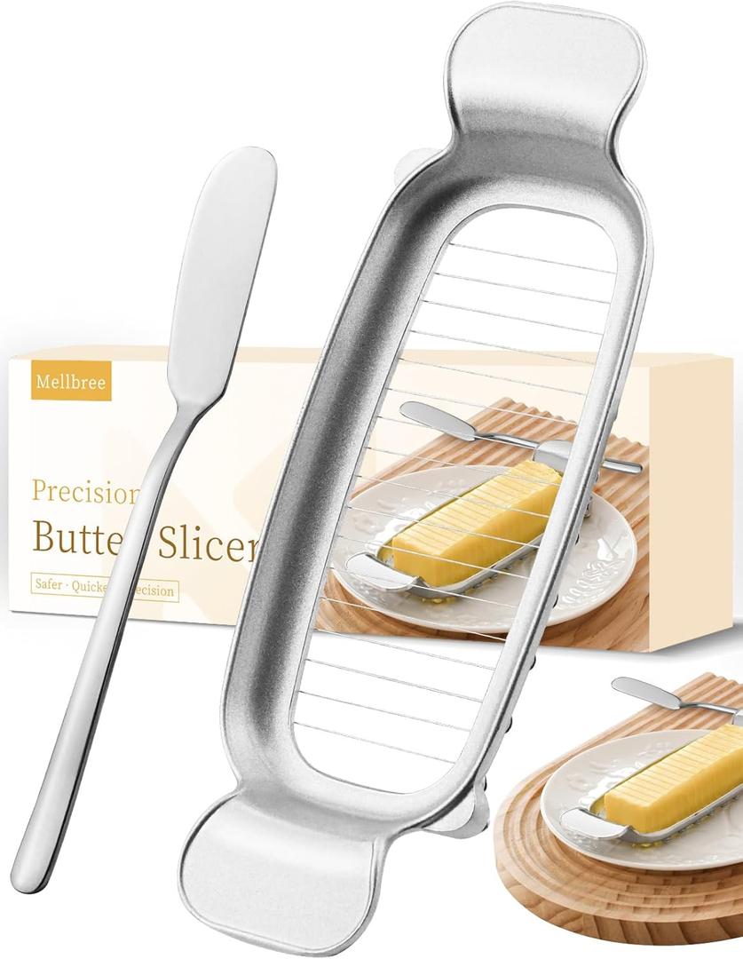 Mellbree Upgrade Butter & Cheese Slicer, Stainless Steel Butter Cutter with Butter Knife, 17 Sharp Wires, Butter Slicer Cutter Into Uniform 1/4 Inch Anti oxidation Dishwasher Safe