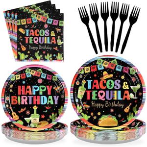 Grencian 96Pcs Birthday Party Supplies Mexican Fiesta Paper Plates and Napkins Mexican Colorful Stripe Disposable Tableware Set for Cinco De Mayo Birthday Party Decorations Serves 24