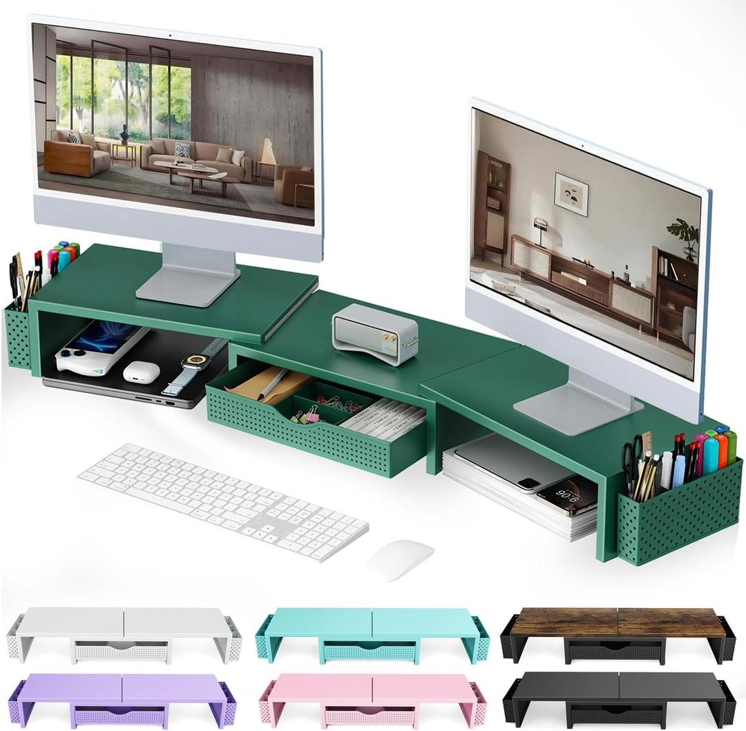 gianotter Dual Monitor Stand Riser, Desk Organizer With Drawer and 2 Pen Holders, Monitor Stand for Desk, Office Decor Essentials (Green)