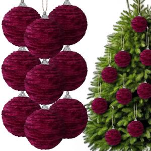 Hungdao 9 Pcs Burgundy Christmas Ornaments Velvet Ball Flocked Chenille Christmas Tree Ball Ornaments Decorative Xmas Hanging Decoration for Xmas Tree Decor, 2.36 Inch