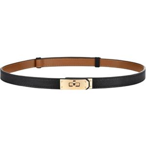 FENLDY Adjustable Thin Belts For Womens Skinny Belts For Dresses Womens Solid Color Alloy Turn Lock Belts For Jeans (Black Belt Gold Buckle)