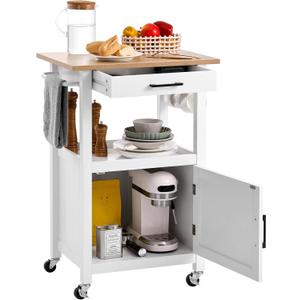 VEVOR Kitchen Island Cart with Single Door Cabinet, Mobile Carts with Drawer, Towel Rack, Hooks, Portable Table on Swivel Wheels, Small Coffee Islands Microwave Stand for Dining Room, 18x23 in, White
