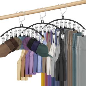 3 Pack Skirt Pants Hangers with Clips, Legging Organizer for Closet Hanging with 10 Clips Holds 30 Leggings/Shorts/Jeans/Skirts Pants Hangers Space Saving Closet Organizers and Storage, Black