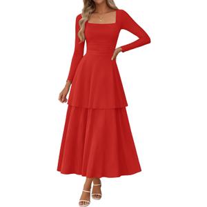Lazysmile Women's Long Sleeve Fall Dresses Square Neck Ruched Waist Ruffle Hem Flowy Elegant Modest Boho Casual Maxi Dress Red, Large