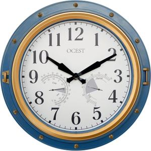 OCEST Indoor Outdoor Clock, 16 Inch Waterproof Wall Clock with Thermometer Hygrometer, Silent Non-Ticking Battery Operated Decor for Home Decor, Patio(Blue)