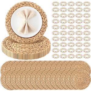 50 Set 13 Inch Round Woven Placemats with Pearl & Rhinestone Napkin Rings