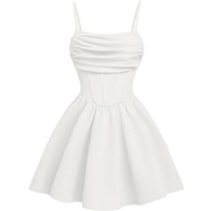 OYOANGLE Girl's Spaghetti Strap Ruched Ruffle Hem Sleeveless Summer Flowy Short Dresses (White, 11Y)