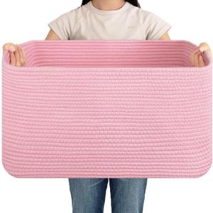 OIAHOMY 75L Blanket Basket, Woven Cotton Rope Basket for Organizing 22”x17”x12”, Used for Living Room, Bedroom, Nursery, Pink