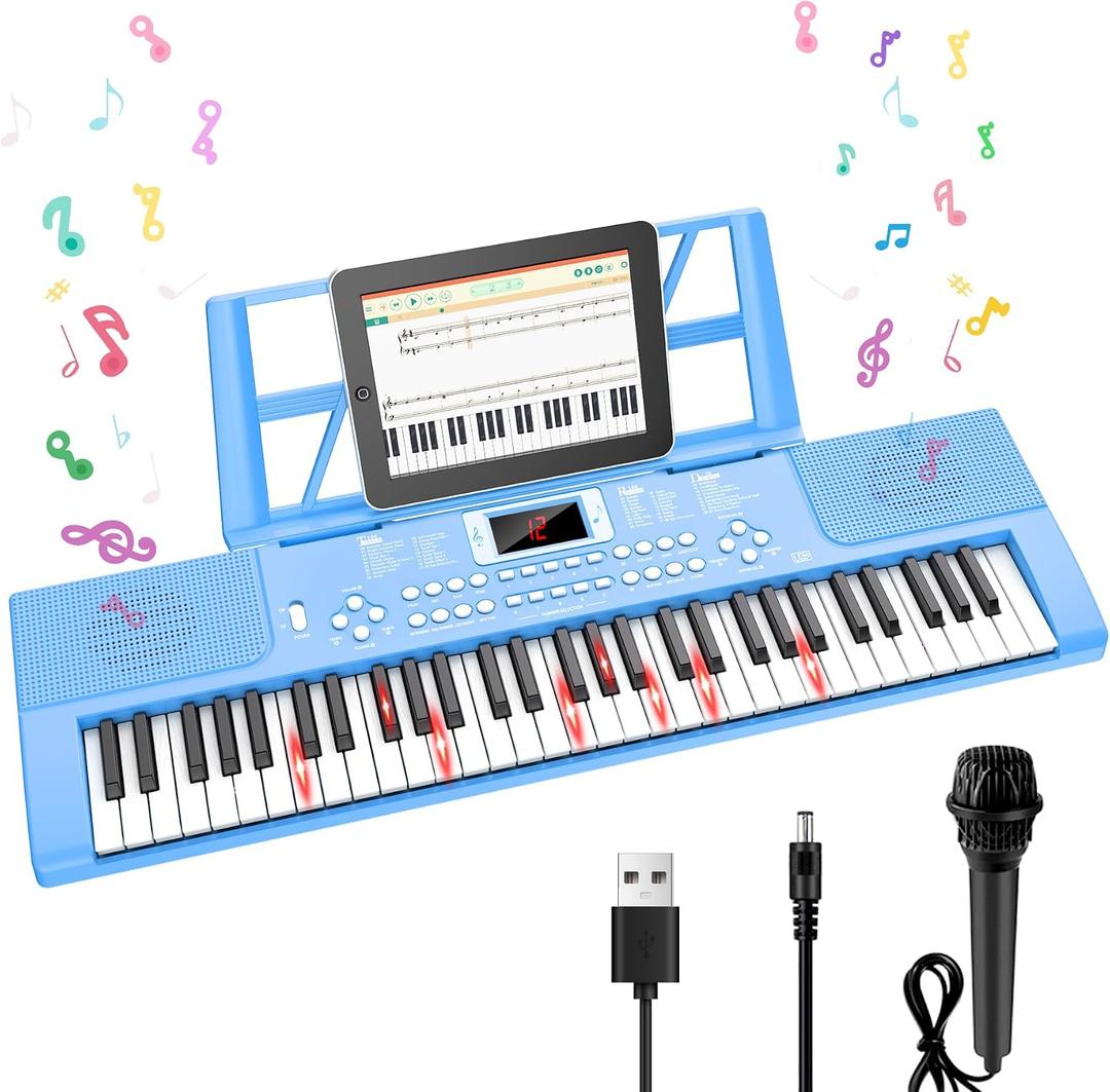 Piano Keyboard, 61 Key Upgrade Kids Pianos Music Toy with Light-up Keys & Pro Teaching Modes, Dual Speaker, 70 Demos,100 Tones, 100 Rhythms Perfect Christmas/Birthday Gift for Kids (Blue)
