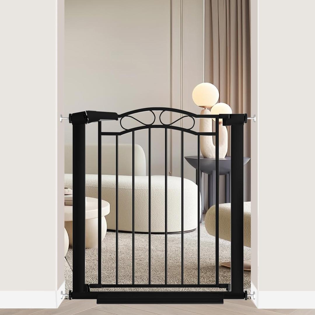Fairy Baby 29.53"-32.28" Wide Baby Gate with Door, Walk Through Baby Gates for Stairs Pressure Mounted no Drill, Indoor Tension Metal Pet Dog Gate, Auto Close Child Safety Gate, Black
