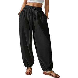 Bsubseach Womens Cotton Harem Pants Elastic Waist Baggy Pant Drawstring Balloon Trouser Loose Beach Pants with Pockets (Large, Black)