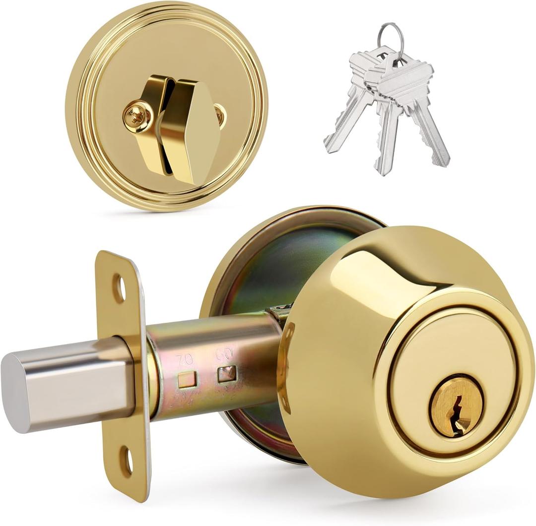 Round Design Single Cylinder Deadbolt with Keys, Exterior Keyed Dead Bolt Lock for Front Entrance Door Security, Polished Brass