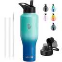 COKTIK Water Bottle Insulated, 40 oz Water Bottles Straw Lid, Spout Lid, Cold for 36 Hrs, Hot for 18 Hrs, Cup Holder Friendly Leakproof (Blue Waves)