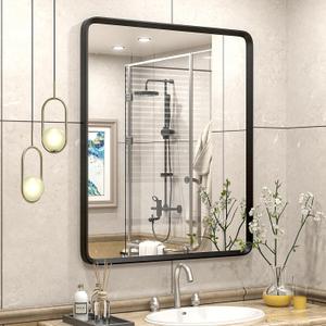 30x36 Black Bathroom Mirror, Black Matte Metal Framed Vanity Mirror, Rounded Rectangle Mirror, Anti-Rust, Shatterproof (Horizontal/Vertical)
