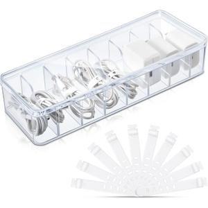 Tatuo 1 Pcs Cable Organizer Box with Wire Ties, Plastic Cord Storage Box with Lid, Electronics Organizer for Home Office Desk Organizers and Accessories (Clear)