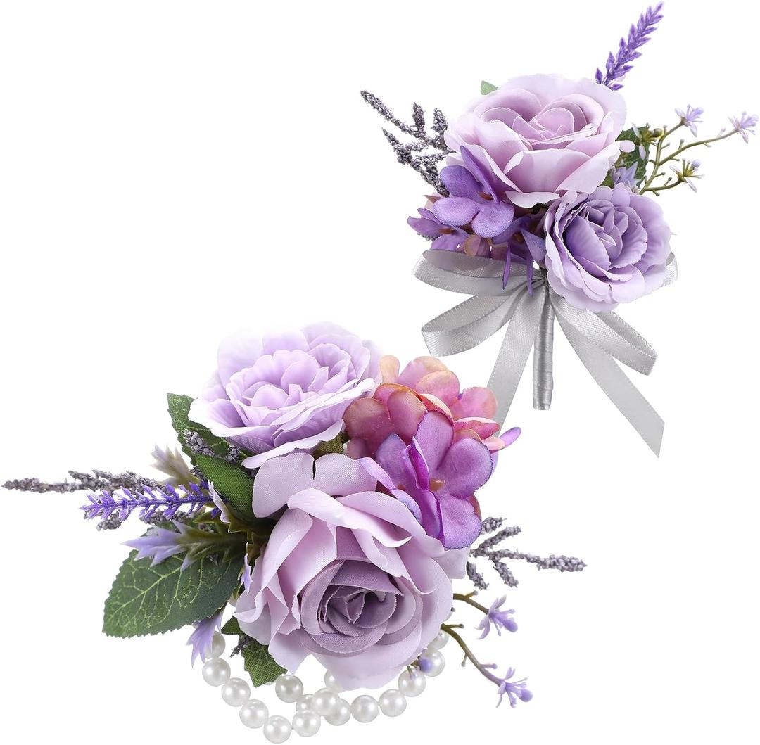 Canlierr 2 Pcs Dusty Corsage and Boutonniere Set Men Boutonnieres Corsage Bracelets Wristlet Band Wedding Flowers Accessories for Men Prom Suit Decorations(Purple)