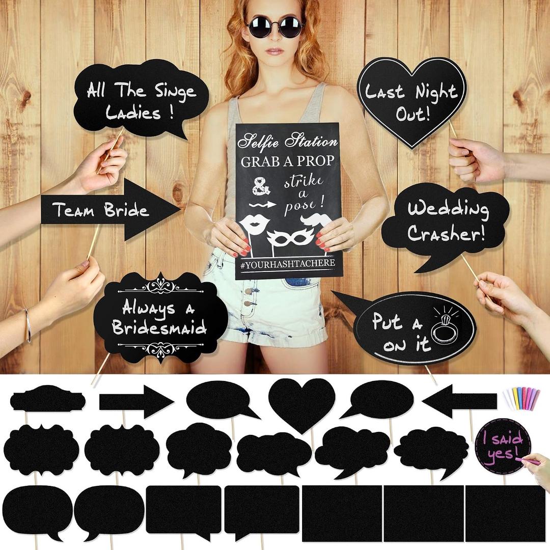 Konsait Large Size Blank Paper Chalk Board Sign Photo Booth Props(20pcs), Wedding Bachelorette Party Photo Booth Props Kit Card Black Board with Colorful Chalk for Wedding Bachelorette Party Supplies